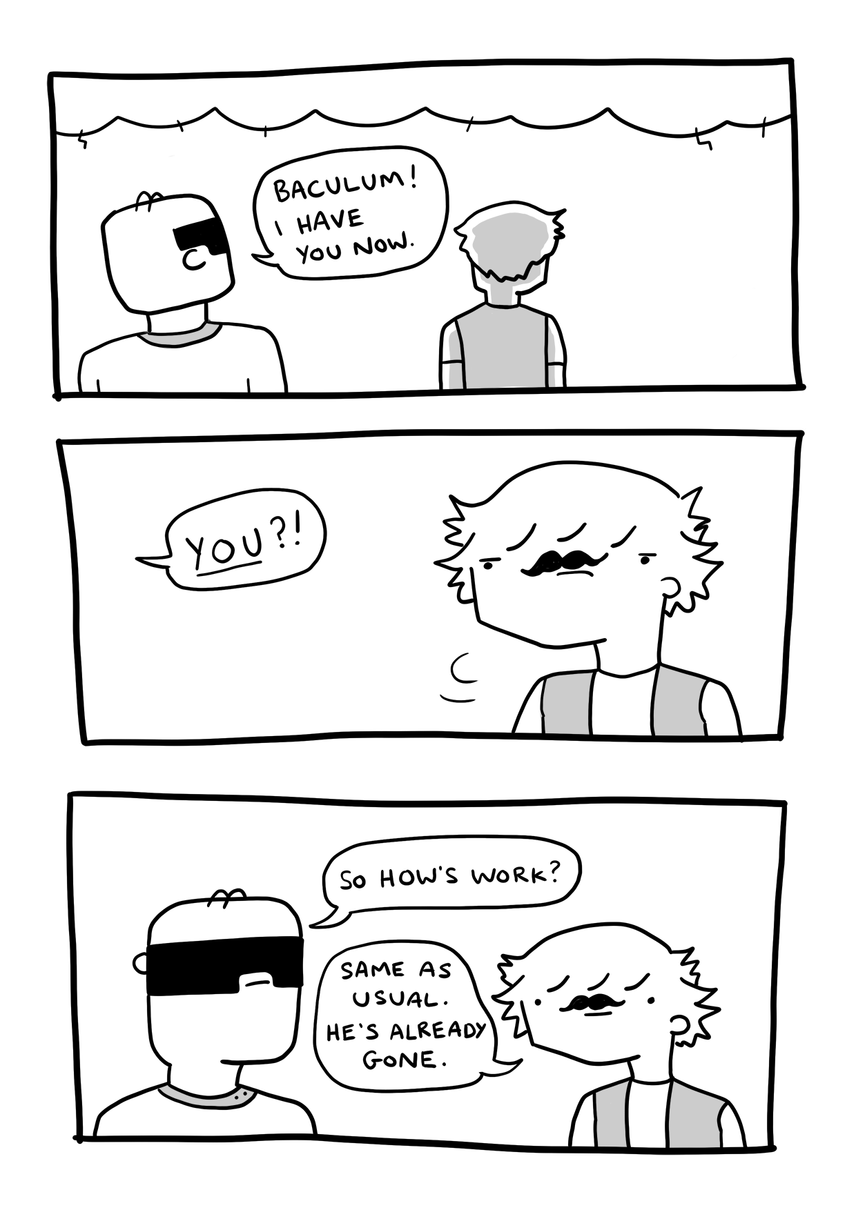 Three panels. Pontus catches up to Captain B, turns around to reveal it's the Evil Twin, Pontus and Evil Baculum talking.